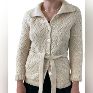 Vintage Y2K Express Womens Cream Chunky Wool Fisherman Belted Cardigan Sz M
